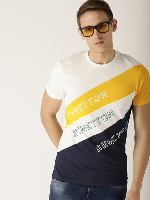 

United Colors of Benetton Men White & Navy Blue Colourblocked Round Neck T-shirt