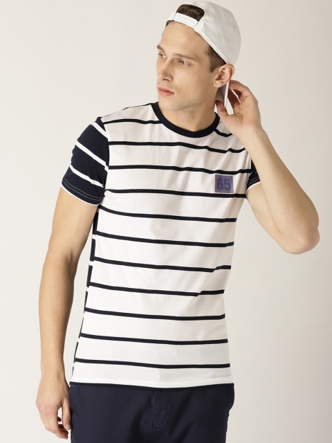 

United Colors of Benetton Men Navy Blue & White Striped Round Neck T-shirt