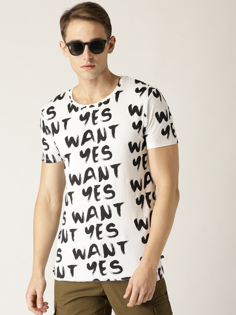 

United Colors of Benetton Men White Black Printed Round Neck Pure Cotton T-shirt