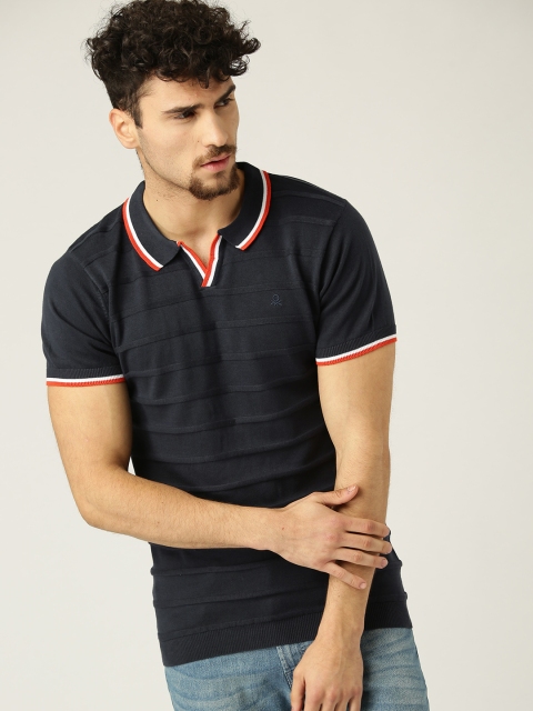 

United Colors of Benetton Men Navy Blue Self Striped Polo Collar T-shirt