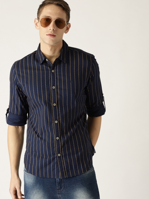 

United Colors of Benetton Men Navy Blue Slim Fit Striped Casual Shirt