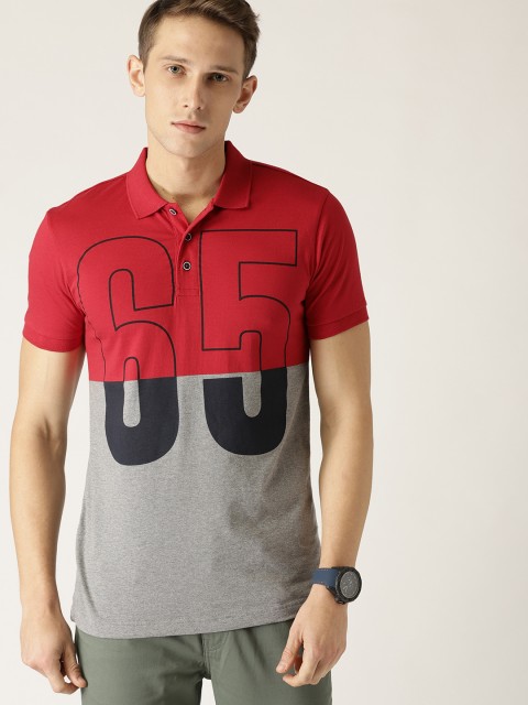 

United Colors of Benetton Men Red & Grey Colourblocked Polo Collar T-shirt