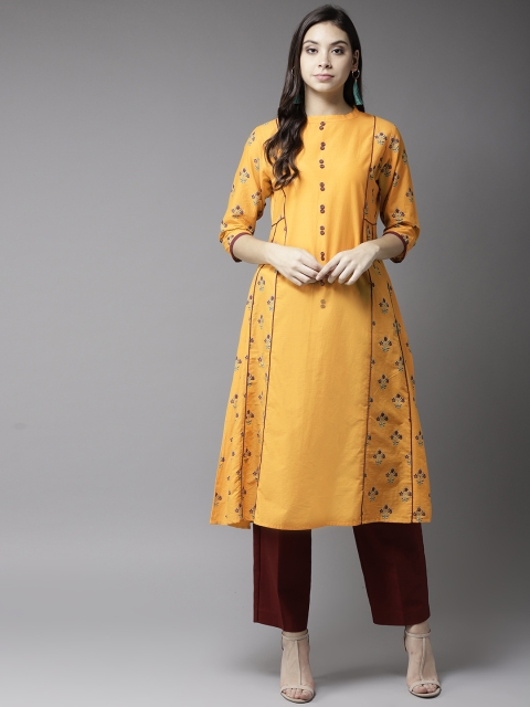 

Moda Rapido Women Mustard Yellow Printed A-Line Kurta