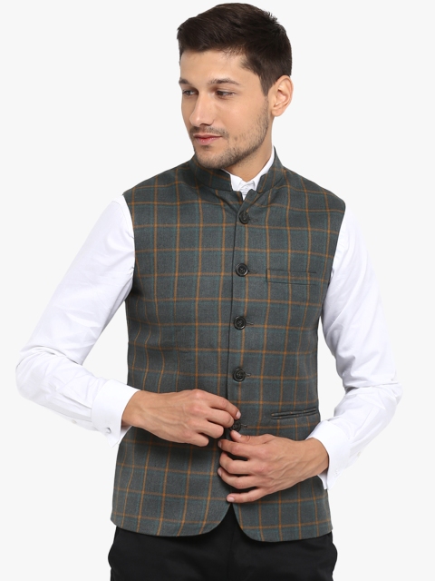 

Red Tape Men Olive Green Checked Nehru Jacket