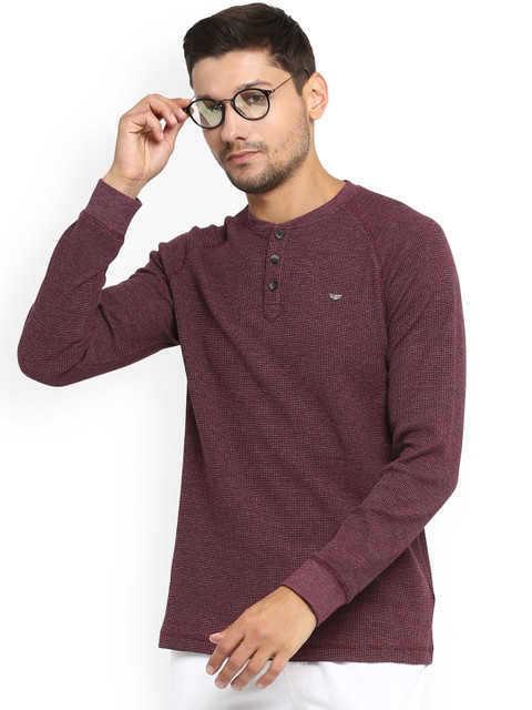 

Red Tape Men Burgundy Self Design Henley Neck T-shirt