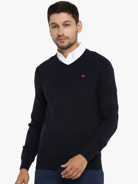 

Red Tape Men Navy Blue Solid Pullover Sweater