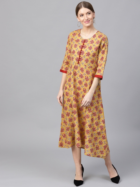 

Shree Women Mustard Yellow Printed Midi A-Line Dress
