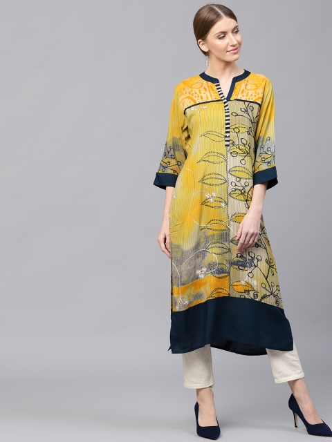 

Shree Women Mustard Yellow & Navy Printed Straight Kurta