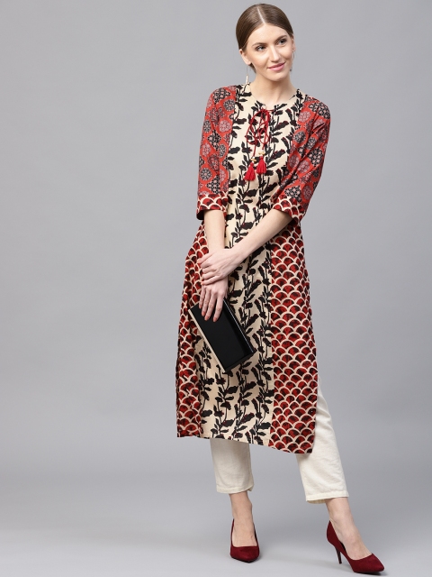 

Shree Women Beige & Rust Red Printed Straight Kurta