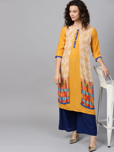 

Shree Women Mustard Yellow & Beige Layered Printed Straight Kurta