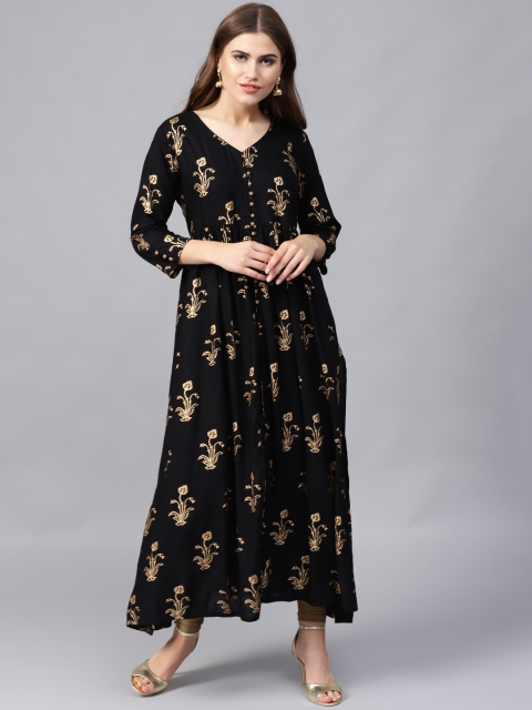 

Varanga Women Black & Golden Printed A-Line Kurta