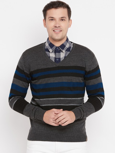 

Peter England Men Charcoal Grey & Teal Blue Striped Sweater