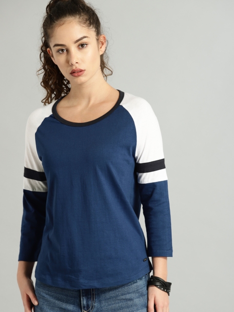 

Roadster Women Blue & White Solid T-shirt