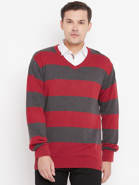 

Peter England Men Red & Charcoal Grey Striped Sweater