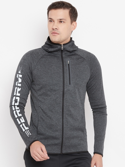 

Peter England Men Charcoal Grey Solid Reflective Strip Hooded Sporty Jacket