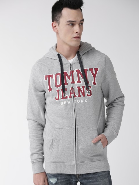 

Tommy Hilfiger Men Grey Melange Printed Hooded Sweatshirt