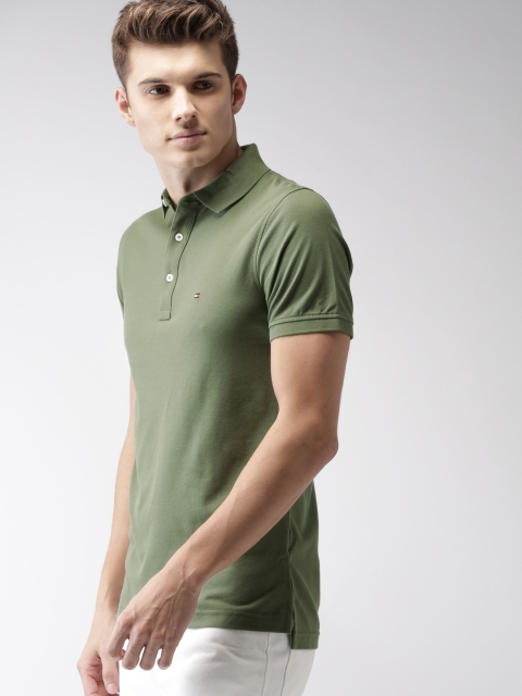 

Tommy Hilfiger Men Olive Green Solid Polo Collar Pure Cotton T-shirt