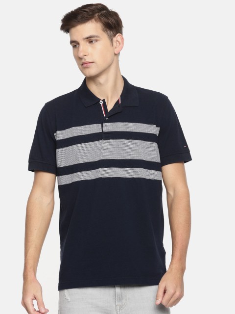 

Tommy Hilfiger Men Navy Blue Striped Polo Collar T-shirt