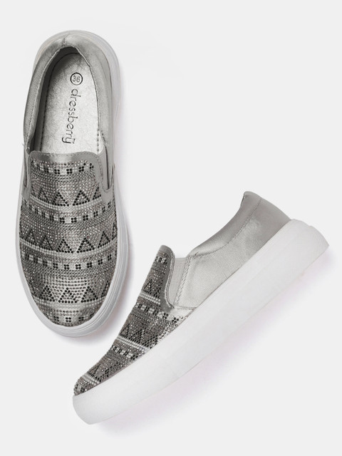 

DressBerry Women Silver-Toned Embellished Slip-On Sneakers