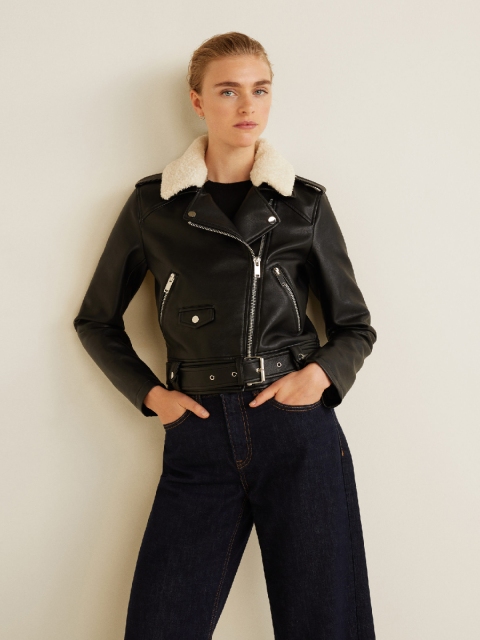 

MANGO Women Black Solid Biker jacket with Belt
