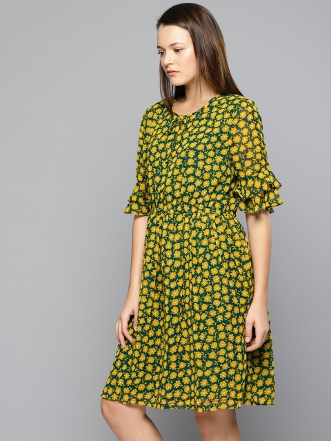 

Chemistry Women Green & Mustard Yellow Printed Fit and Flare Dress