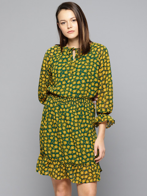 

Chemistry Women Green & Mustard Yellow Printed Fit and Flare Dress