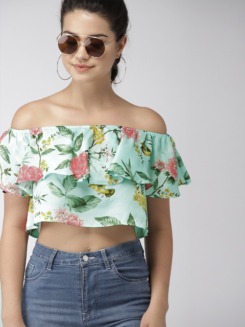 

FOREVER 21 Women Sea Green Printed Cropped Bardot Top