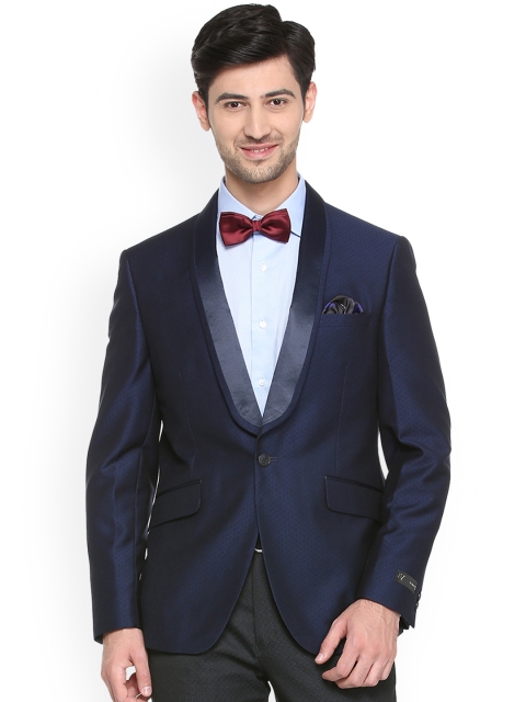 

V Dot Men Navy Blue Self Design Slim Fit Single-Breasted Party Blazer