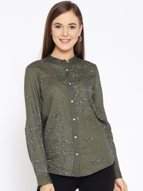 

Wills Lifestyle Women Olive Green Regular Fit Printed Casual Shirt