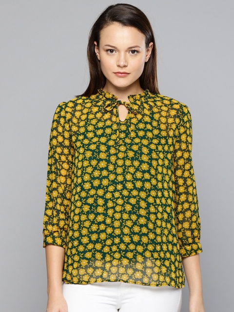 

Chemistry Women Green & Mustard Yellow Printed Semi Sheer Top