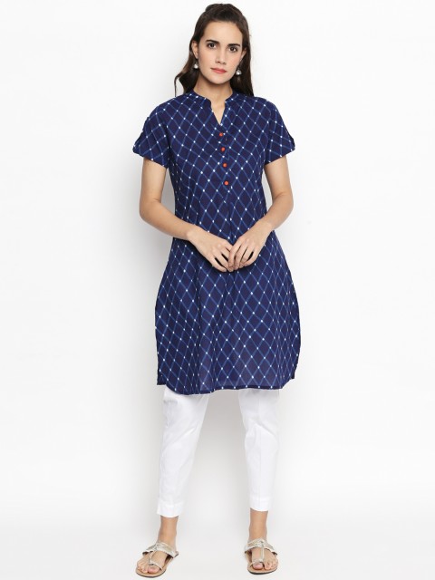 

Ishin Women Navy Blue Checked Straight Kurta