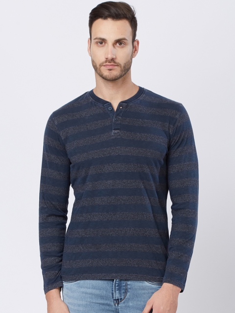 

Killer Men Navy Blue Striped Henley Neck T-shirt
