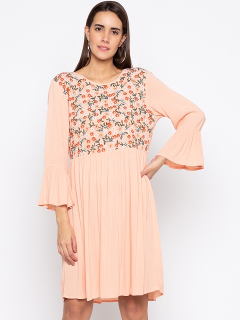 

Globus Women Peach-Coloured Self Design Fit and Flare Dress