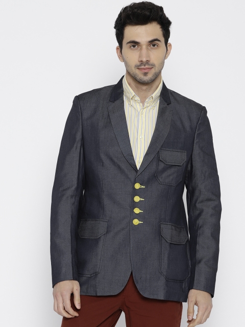 

Couture Cut Men Navy Solid Formal Slim Fit Single-Breasted Blazer, Navy blue