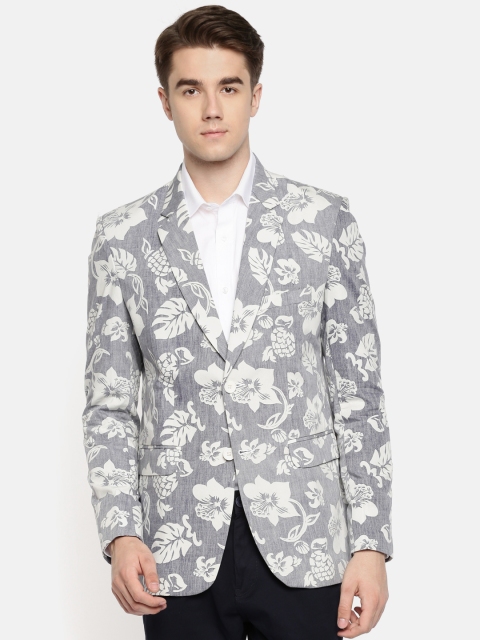 

Couture Cut white & Navy Blue Slim Fit Printed Single-Breasted Smart Casual Blazer