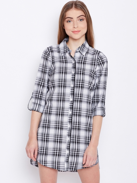 

Oxolloxo Off-White & Black Checked Pure Cotton Sleep Shirt