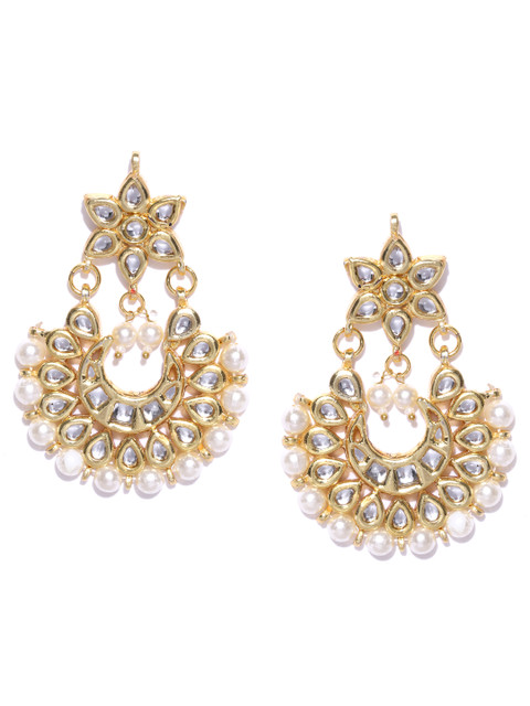 

Blueberry Off-White Gold-Plated Stone-Studded Crescent Shaped Chandbalis