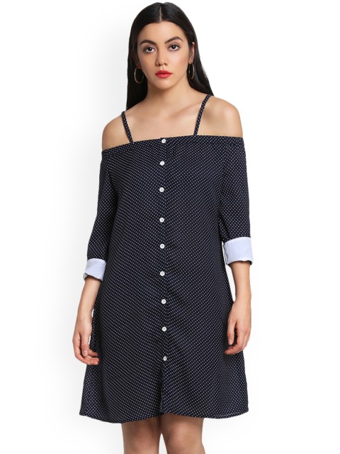 

THE SILHOUETTE STORE Women Navy Blue Printed A-Line Dress