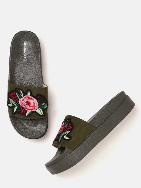 

DressBerry Women Olive Green & Pink Embroidered Flatforms