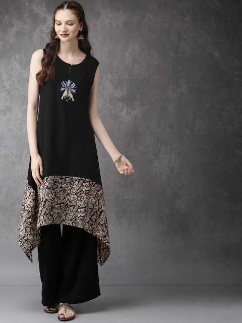 

Anouk Women Black Printed Asymmetric Hemline A-Line Kurta