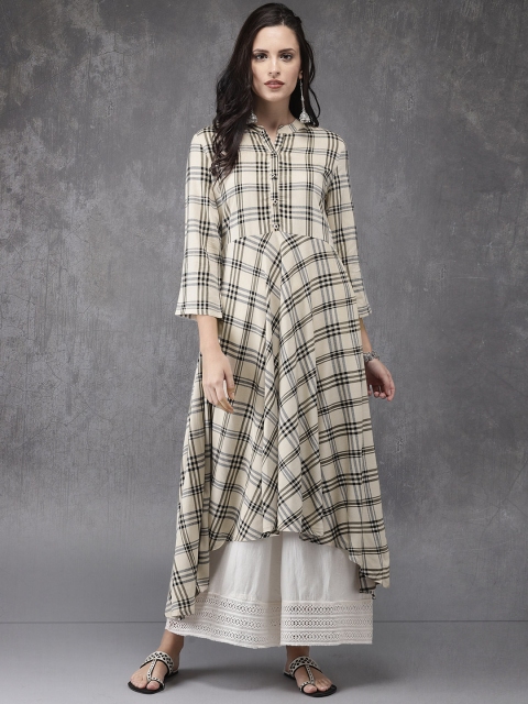 

Anouk Women Beige Checked A-Line Asymmetric Kurta