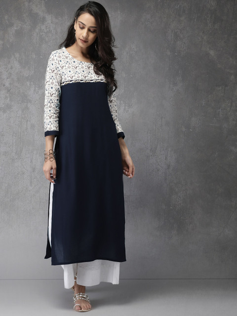 

Anouk Women Navy Blue & Beige Yoke Design Straight Kurta