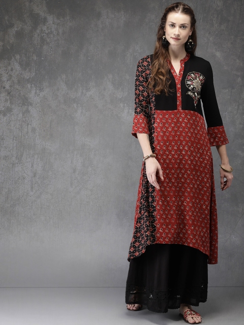 

Anouk Women Maroon & Black Printed Straight Kurta