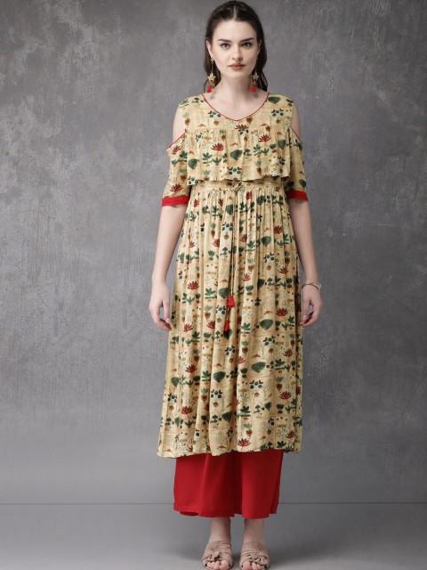 

Anouk Women Beige Printed A-Line Kurta