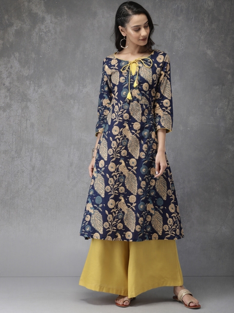 

Anouk Women Navy Blue & Mustard Printed Kurta with Palazzos