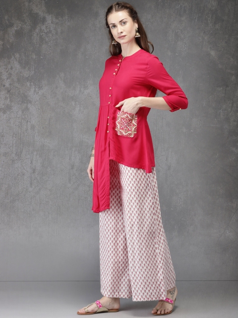 

Anouk Women Pink Solid Kurta with White Printed Palazzos