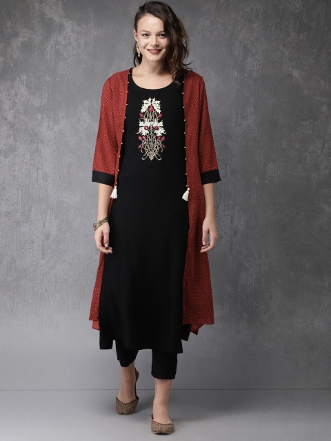 

Anouk Women Maroon & Black Printed Kurta with Trousers