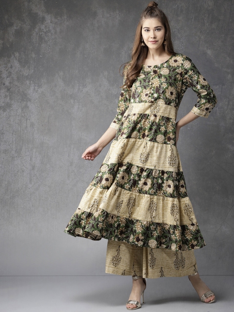 

Anouk Women Beige & Olive Green Printed Kurta with Palazzos