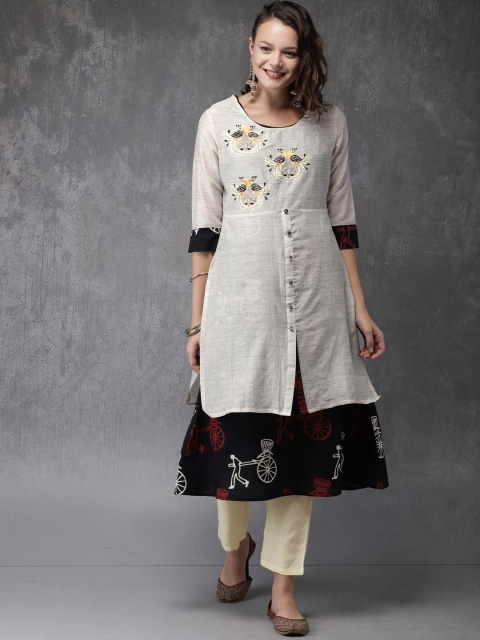

Anouk Women Black & Cream-Coloured Printed Layered Kurta with Trousers