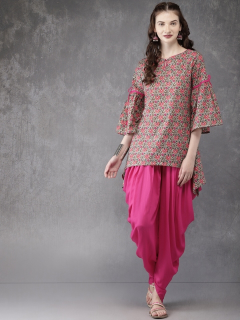 

Anouk Women Olive Green & Pink Printed Kurti with Harem Pants